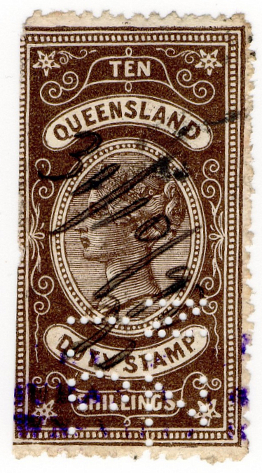 (I.B) Australia  Queensland Revenue  Stamp Duty 10/ (NZ IC perfin)